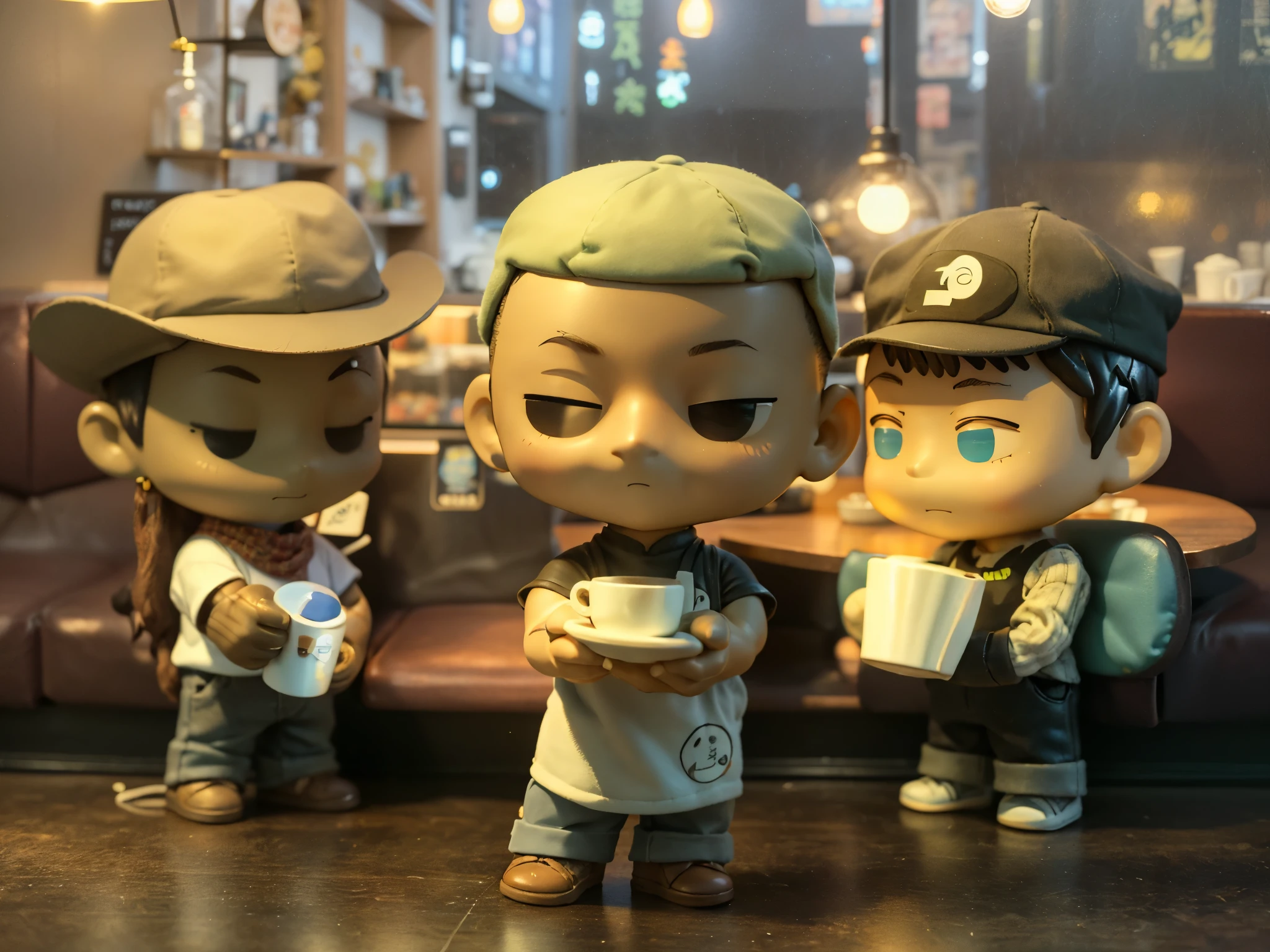 three toy figures of a man , Kenny Wong x pop mart, style as nendoroid,coffee shop ,cozy vibe,studio light