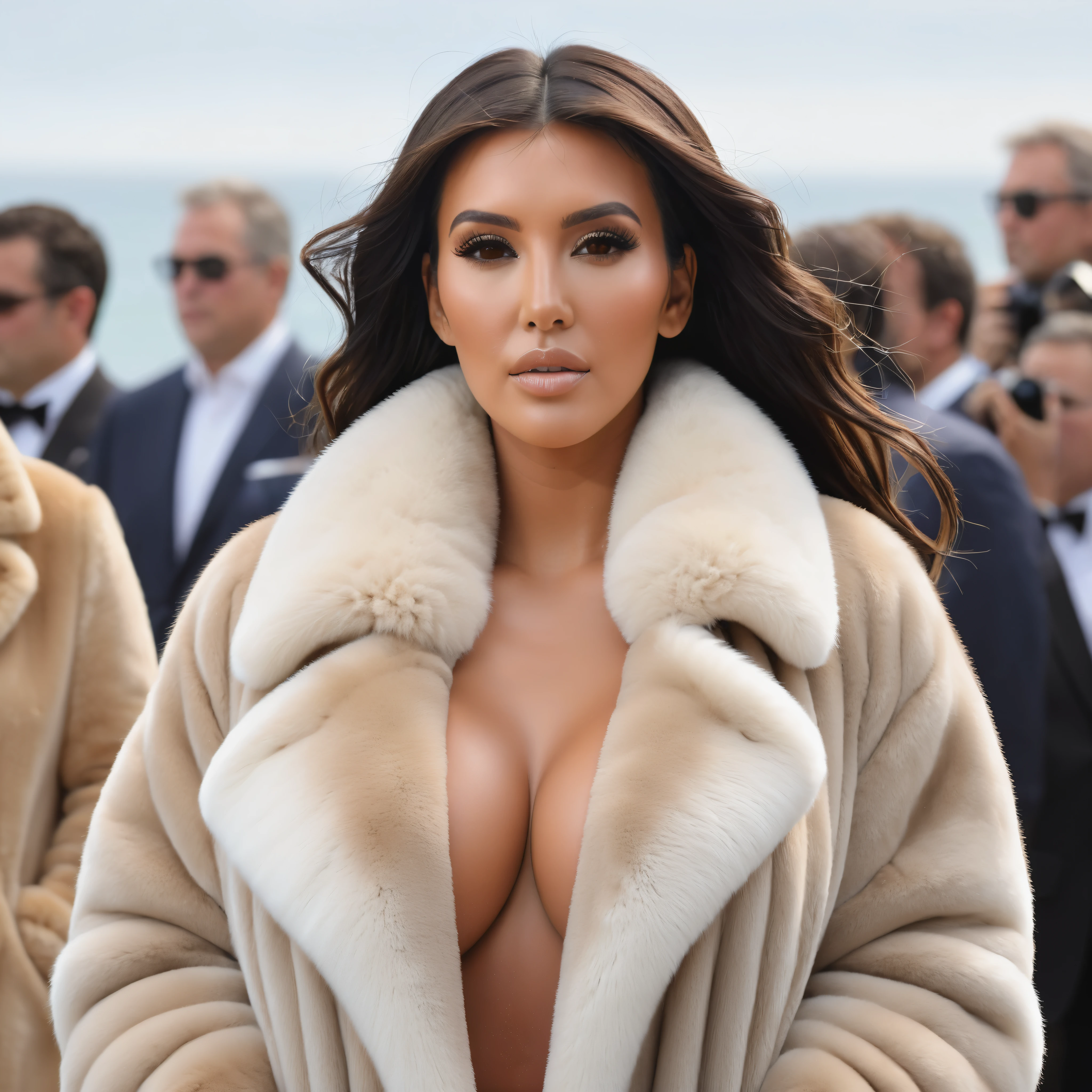 A very wide and very thick, very long sand mink fur coat, fifty centimeters thick, duveteux, naturel, with an ultra thick white and sand mink fur collar, three layers, sur Kim Kardashian, fully nude front view, bare shoulders, and two large breast discovered by the fur, at sunny Pebble Beach Concours d'Elegance , en haute résolution de la plus high quality、,Photo 8K HDR), Realistic texture, realistic shadows, (dynamic subdued lighting), (centered within the framework), (Very detailed:1.2), Fond d&#39;8k screen, high quality, grain de film, Fujifilm XT3, (Very detailed skin), ((gaping and :1.3)), dark bun, messy hair, , 