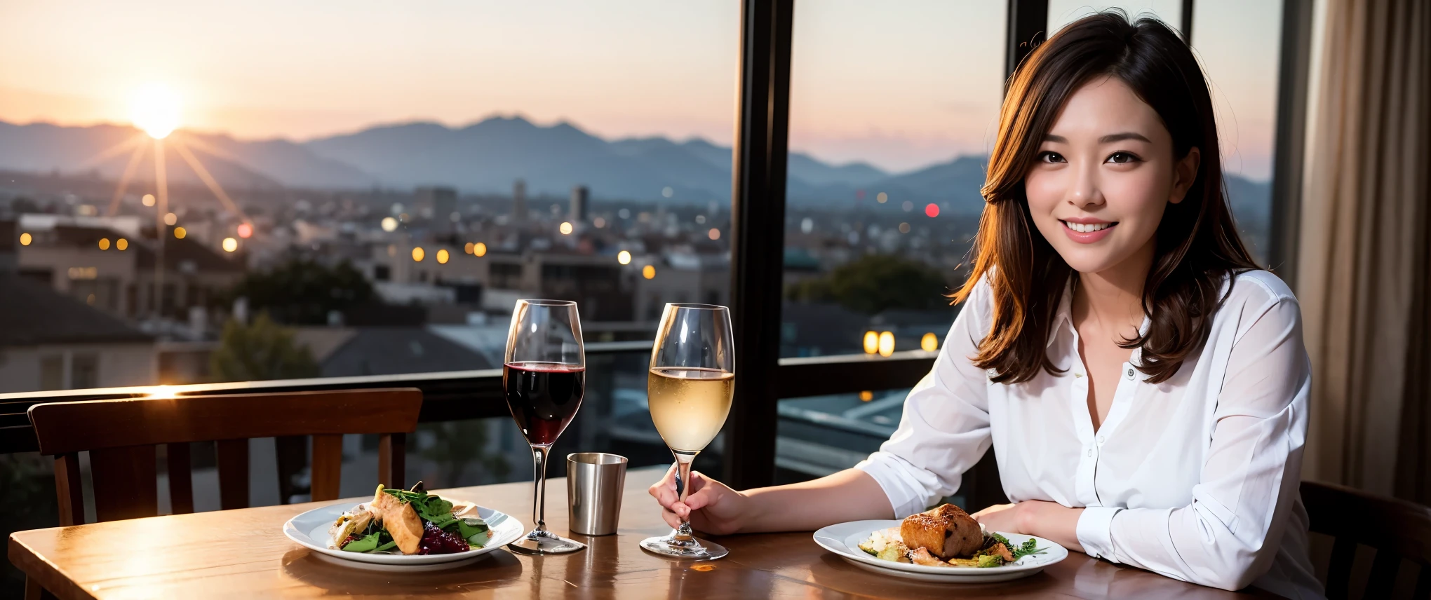 (K UHD, nffsw, highest quality, table top: 1.2), (realistic, realistic: 1.37), Spectacular view of the sunset sky and clouds、Amazing mountain views、ニコニコ明るいsmile、smileの素敵な女性、that woman'bright face、Fox face、lady、wine 、Appetizer、Italian food、two beauties、brown hair、shortcut、long sleeve shirt、winter fashion、dress、Japanese、Englishman、Dutch、German、Belgian、Italian、French,wineボトル、Appetizer、Champagne、スパークリングwine、Pretty Woman 1, (slimな顔), (because I'thin), (brown hair), (shortcut), cheeks turn a little red, (40 years old), 38 years old, charming beauty、, A beautiful and detailed night view spreads out outside the window..........., restaurant, wineグラスに座って, At night, in a prominent place (from the waist up) nova frog style, actress, model, Upper body, 白wine, slim, wineグラス, Very beautiful night view, 真ん中に置かれたwineグラス, smile, (smile: 1.15), Beautiful little eyes,