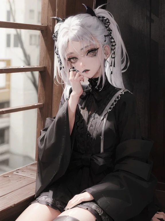 Masterpiece, best quality, high quality, ultra detailed, 1girl, looking at viewer, white hair, gray eyes, black lipstick, black shirt, sitting on a white floor, demon girl, gothcore, 1 7 - year - old, goth girl, japanese gothic, gothic punk style, black metal style, hands on head,.yurikiss