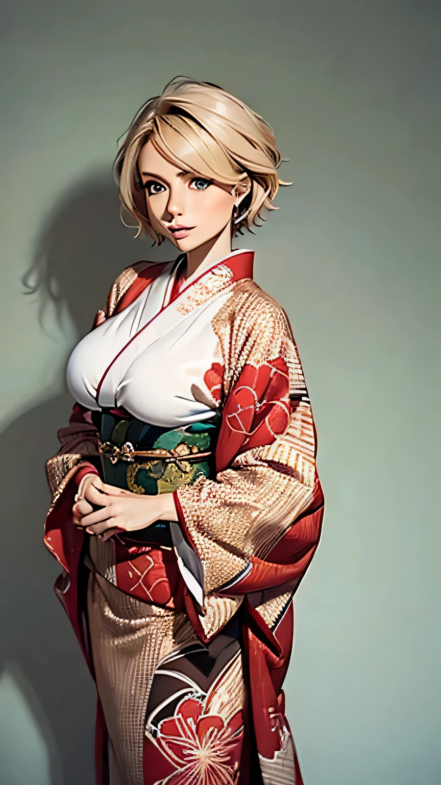 (highest quality,16k,masterpiece),Super detailed,mature woman,
blonde,straight hair,short hair,
wearing a kimono,Detailed pattern,
big breasts,