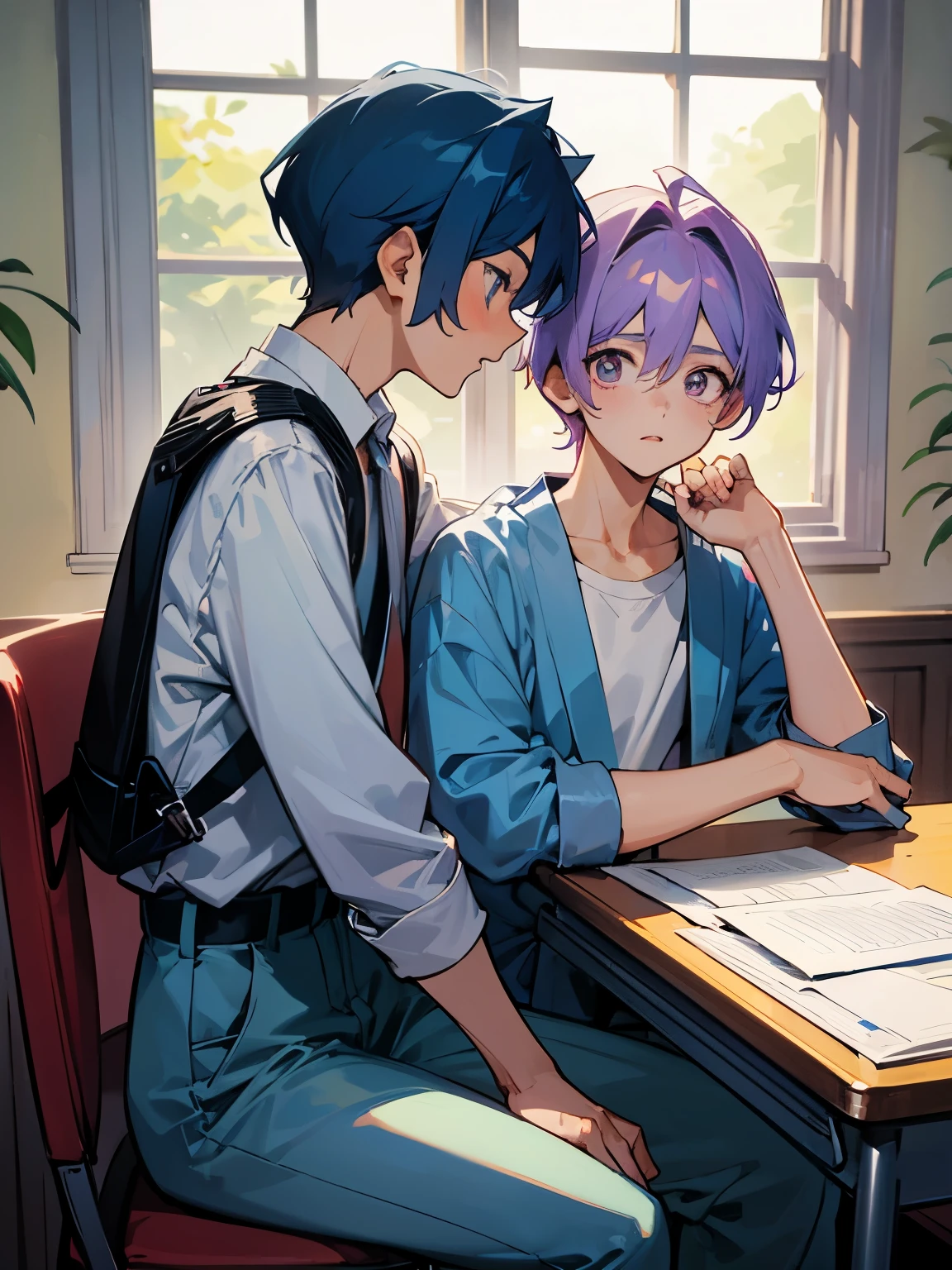 cartoon of two boys sitting at a table with a book and a backpack, ddlc, in the art style of 8 0 s anime, 9 0 s anime style, 90s anime style, in anime style, in an anime style, anime aesthetic, anime vibes, 9 0 s anime aesthetic, 9 0 s anime art style, lofi boy, typical anime classroom, beautiful background window, two cute boys, beautiful faces, two boys, don't extra hands, NO extra hands, generate two boys with NO extra hands, NO extra arm