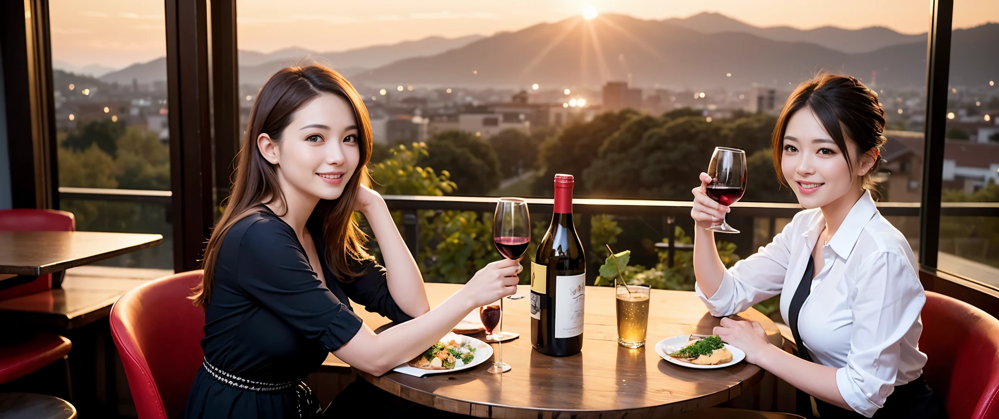 (K UHD, nffsw, highest quality, table top: 1.2), (realistic, realistic: 1.37), Spectacular view of the sunset sky and clouds、Amazing mountain views、ニコニコ明るいsmile、smileの素敵な女性、that woman'bright face、Fox face、lady、wine 、Appetizer、Italian food、two beauties、brown hair、shortcut、long sleeve shirt、winter fashion、dress、Japanese、Englishman、Dutch、German、Belgian、Italian、French,wineボトル、Appetizer、Champagne、スパークリングwine、Pretty Woman 1, (slimな顔), (because I'thin), (brown hair), (shortcut), cheeks turn a little red, (36 years old), 38 years old, charming beauty、, A beautiful and detailed night view spreads out outside the window..........., restaurant, wineグラスに座って, At night, in a prominent place (from the waist up) nova frog style, actress, model, Upper body, 白wine, slim, wineグラス, Very beautiful night view, 真ん中に置かれたwineグラス, smile, (smile: 1.15), Beautiful little eyes,