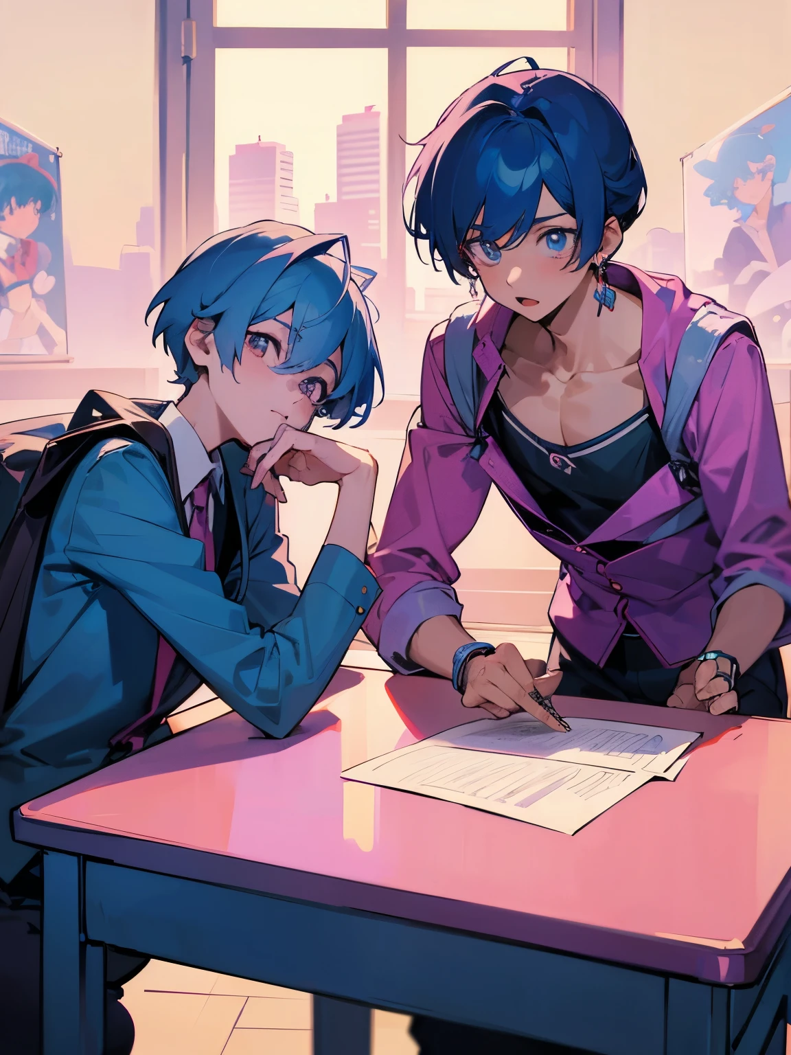 cartoon of two boys sitting at a table with a book and a backpack, ddlc, in the art style of 8 0 s anime, 9 0 s anime style, 90s anime style, in anime style, in an anime style, anime aesthetic, anime vibes, 9 0 s anime aesthetic, 9 0 s anime art style, lofi boy, typical anime classroom, beautiful background window, two cute boys, beautiful faces, two boys, don't extra hands, NO extra hands, generate two boys with NO extra hands, NO extra arm