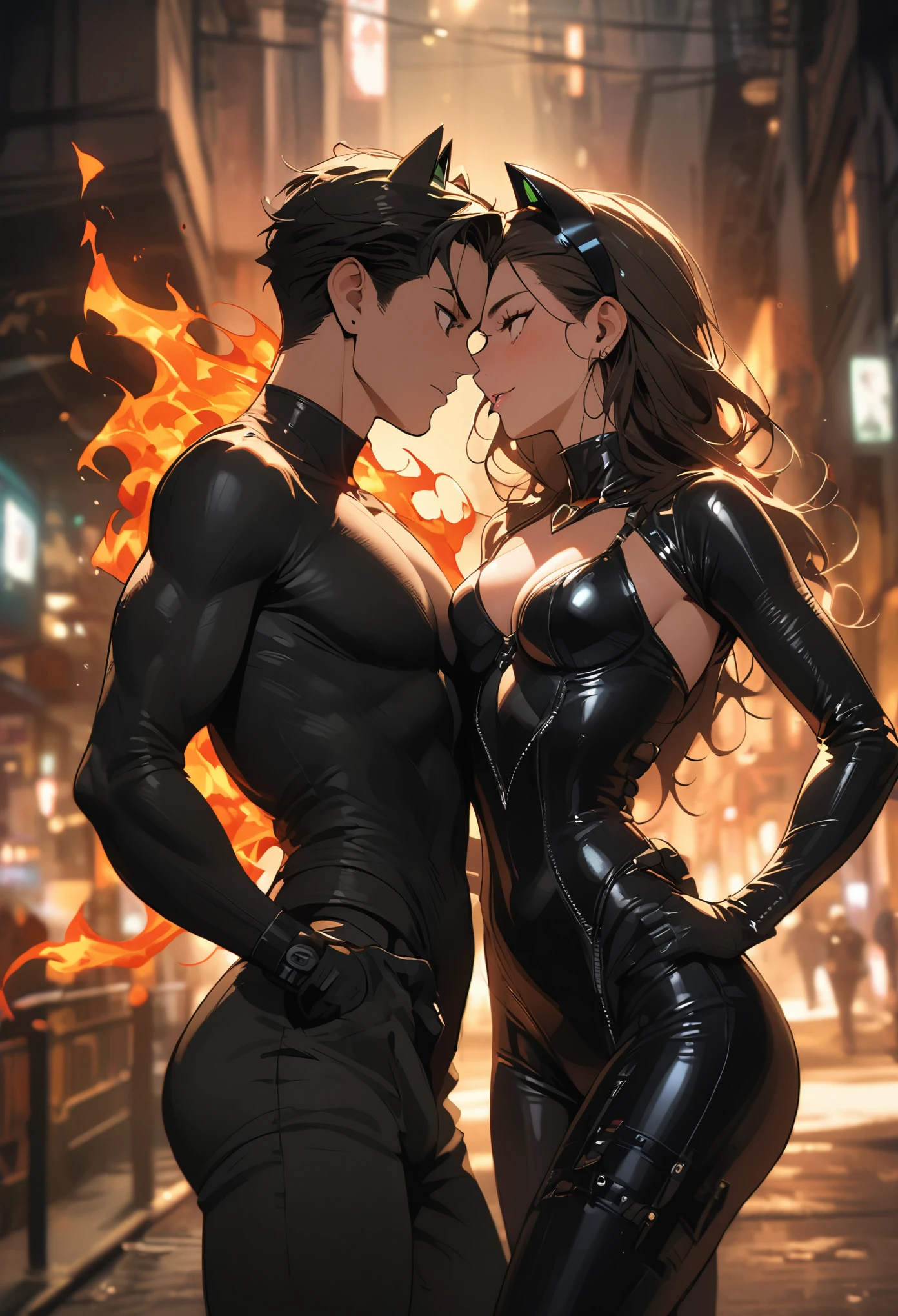 couple in love, catwoman, flame
