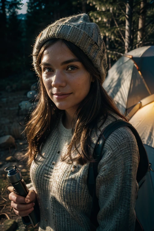 1 woman((upper body selfie, happy)), masterpiece, best quality, ultra-detailed, solo, outdoors, (night), mountains, nature, (stars, moon) cheerful, happy, backpack, sleeping bag, camping stove, water bottle, mountain boots, gloves, sweater, hat, flashlight, forest, rocks, river, wood, smoke, shadows, contrast, clear sky, analog style (look at viewer:1.2) (skin texture) (film grain:1.3), (warm hue, warm tone) :1.2), close up, cinematic light, sidelighting, ultra high res, best shadow, RAW, upper body, wearing pullover