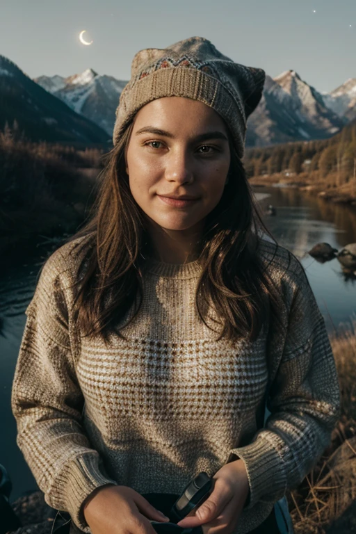 1 woman((upper body selfie, happy)), masterpiece, best quality, ultra-detailed, solo, outdoors, (night), mountains, nature, (stars, moon) cheerful, happy, backpack, sleeping bag, camping stove, water bottle, mountain boots, gloves, sweater, hat, flashlight, forest, rocks, river, wood, smoke, shadows, contrast, clear sky, analog style (look at viewer:1.2) (skin texture) (film grain:1.3), (warm hue, warm tone) :1.2), close up, cinematic light, sidelighting, ultra high res, best shadow, RAW, upper body, wearing pullover