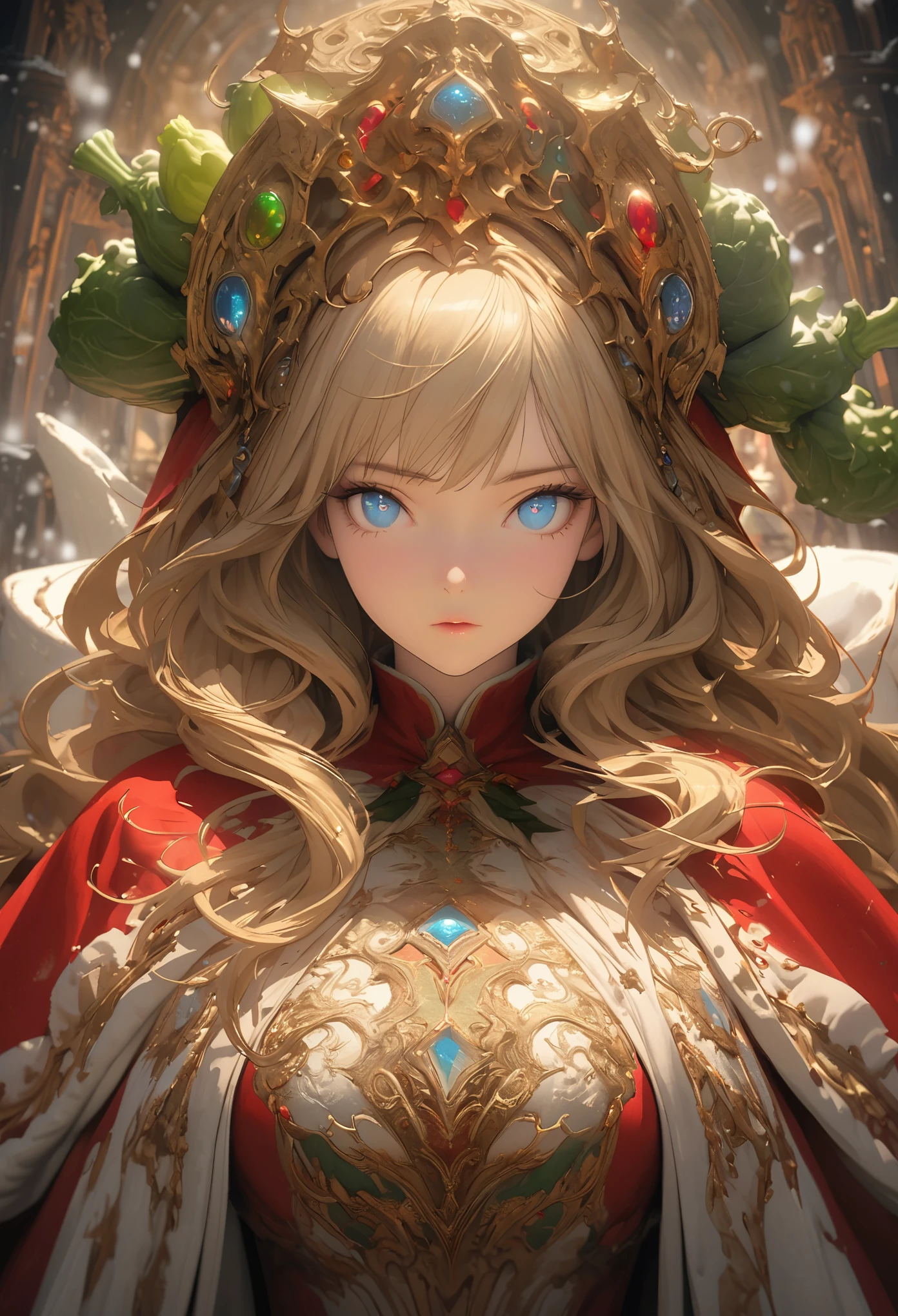 beautiful queen portrait, blonde hair, perfect blue eyes, with brilliant, Impossibly Eye-catching Big Christmas Headdress, Clothes Santa Claus Robe, all christmas, snow, Symmetrical, Dramatic studio lighting, Rococo, Baroque, Green vegetables, Asian, Surrealism, close up, D&D, fantasy, complex, elegant, Very detailed, number, art station, octane rendering, 8K, concept art, matte, sharp focus