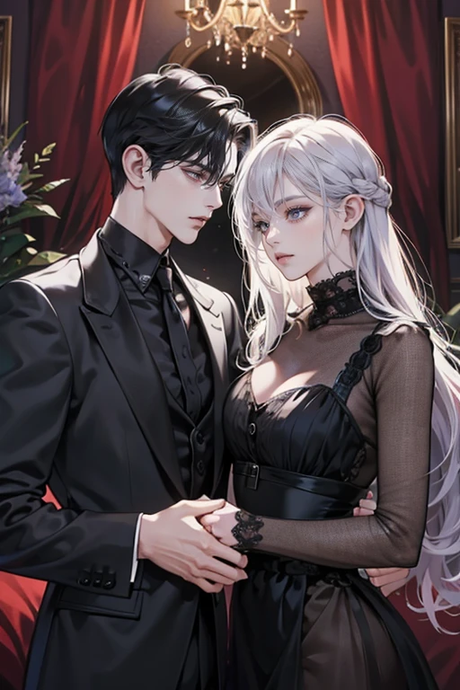 Masterpiece, Best Quality, Official Art, 8k Wallpaper, Very Detailed, lovers, boy's love, 2 handsome boys, Goth clothing, goth style living room, vampire, different hair color, side by side, vector