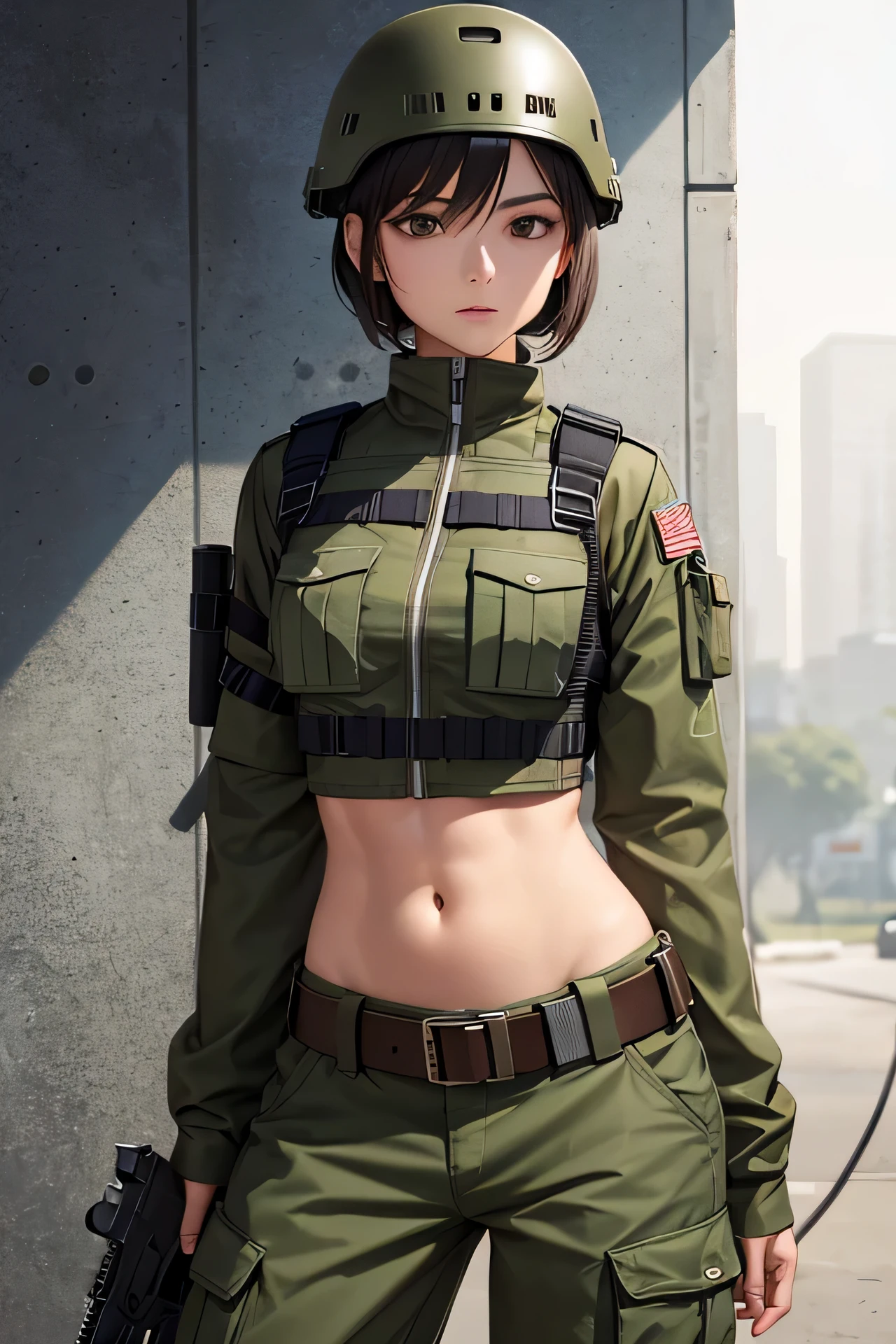 Women in crop top military bulletproof vest , military green cargo pants, belt, military helmet, tactical, open navel, not skinny, pistol on belt, (((arms behind back))),