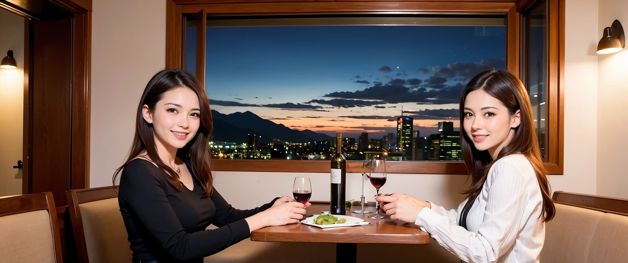 (K UHD, nffsw, highest quality, table top: 1.2), (realistic, realistic: 1.37), Spectacular view of the sunset sky and clouds、Amazing mountain views、ニコニコ明るいsmile、smileの素敵な女性、that woman'bright face、Fox face、lady、wine 、Appetizer、Italian food、two beauties、brown hair、shortcut、long sleeve shirt、winter fashion、dress、Japanese、Englishman、Dutch、German、Belgian、Italian、French,wineボトル、Appetizer、Champagne、スパークリングwine、Pretty Woman 1, (slimな顔), (because I'thin), (brown hair), (shortcut), cheeks turn a little red, (40 years old), 38 years old, charming beauty、, A beautiful and detailed night view spreads out outside the window..........., restaurant, wineグラスに座って, At night, in a prominent place (from the waist up) nova frog style, actress, model, Upper body, 白wine, slim, wineグラス, Very beautiful night view, 真ん中に置かれたwineグラス, smile, (smile: 1.15), Beautiful little eyes,