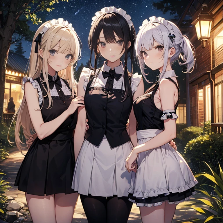 A group of maids, (in forest), various hair styles, harem, wearing maid uniform, night, details face, , short skirt, seducing, sleeveless , night, starry night