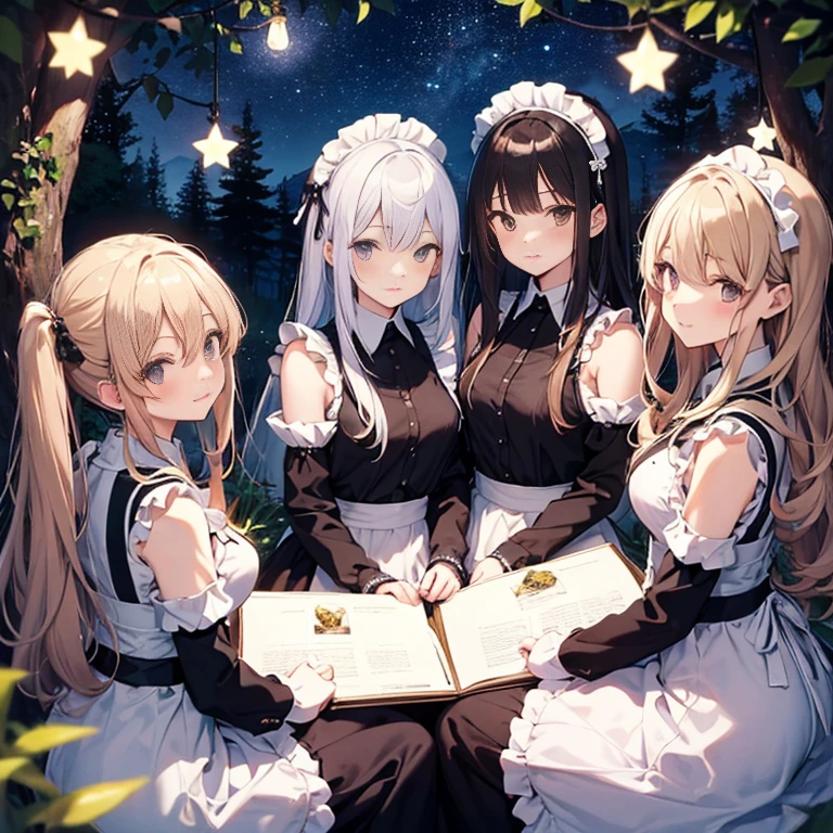 A group of maids, (in forest), various hair styles, harem, wearing maid uniform, night, details face, , short skirt, seducing, sleeveless , night, starry night