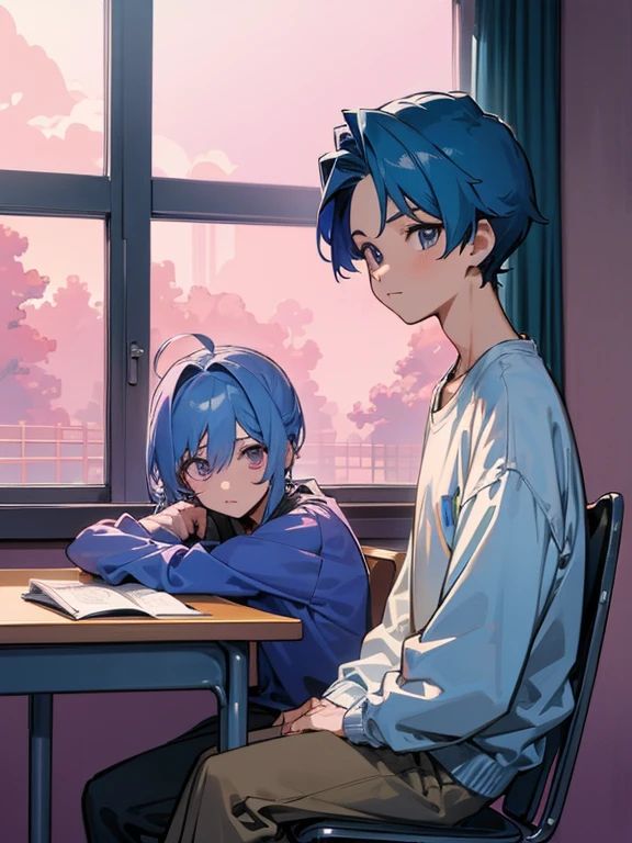 cartoon of two boys sitting at a table with a book and a backpack, ddlc, in the art style of 8 0 s anime, 9 0 s anime style, 90s anime style, in anime style, in an anime style, anime aesthetic, anime vibes, 9 0 s anime aesthetic, 9 0 s anime art style, lofi boy, typical anime classroom, beautiful background window, two cute boys, beautiful faces, two boys, don't extra hands, NO extra hands, generate two boys with NO extra hands, NO extra arm