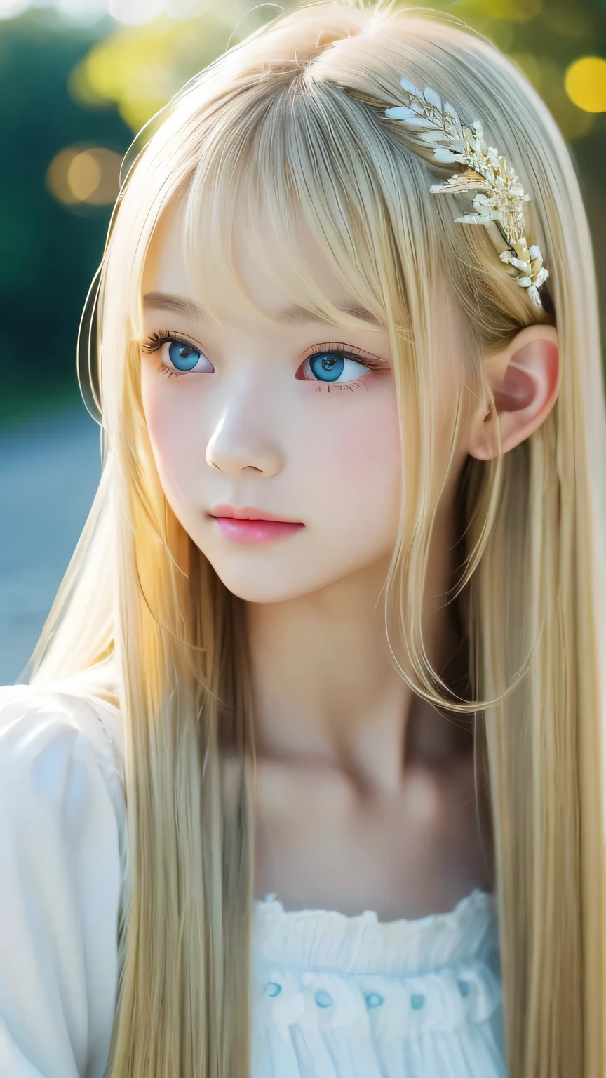 1 girl, The cutest girl、bright look、very messy blonde hair, Blond hair floating、Her bright, super long, straight blonde hair is dazzling with its golden shine.、very beautiful super long shiny blonde hair、very beautiful cute face、Sparkling Beautiful Skin、solo、super high quality、hard focus、film grain、ultra high resolution、masterpiece、Big eyes with sparkling lovely detailed crystal clear pale light blue、round face、small face beauty、Young shiny cheeks、Very beautiful long messy bangs over the eyes