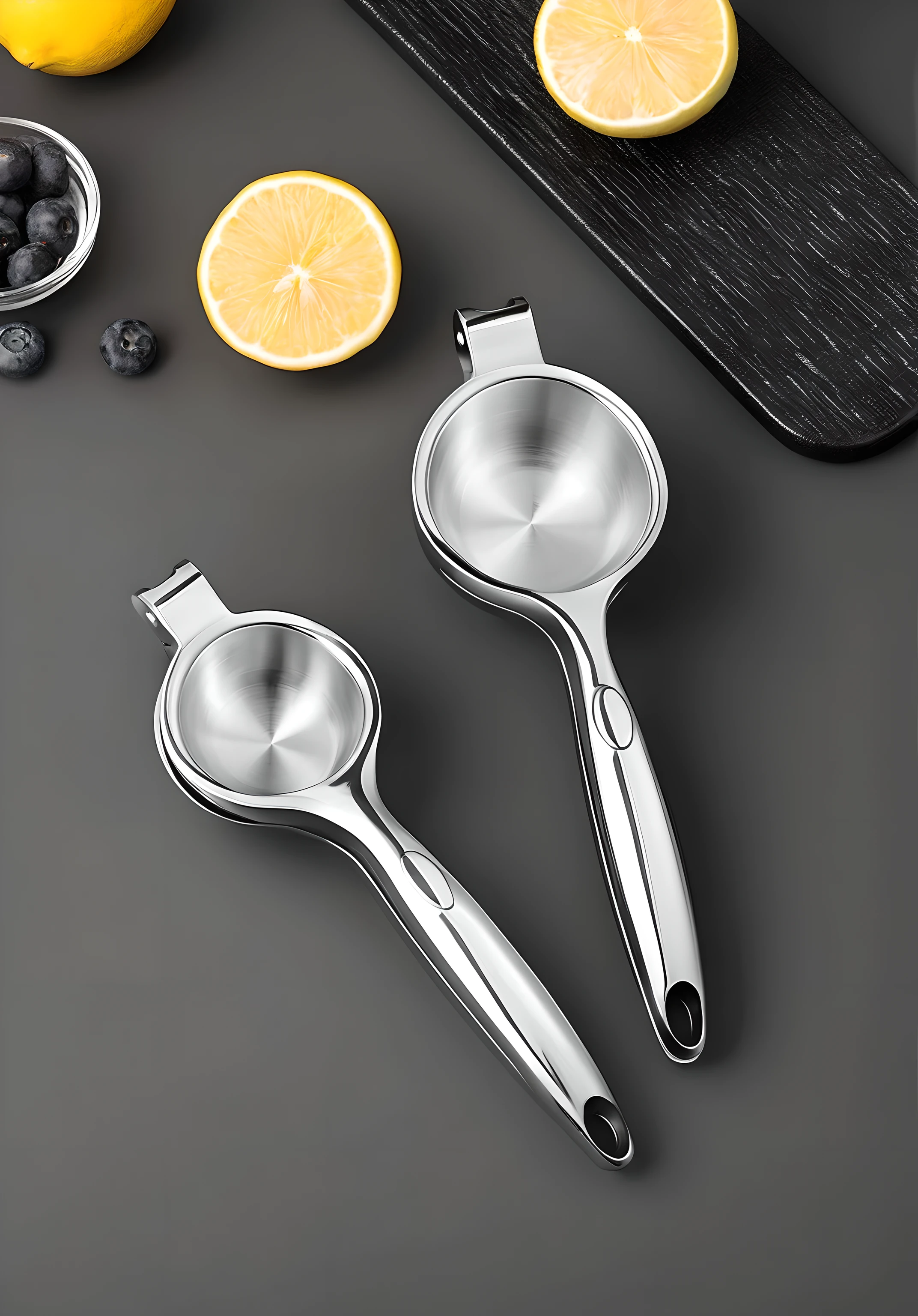 Construct an image highlighting the interplay of light and purity in a modern kitchen vignette. The setting focuses on two impeccably crafted stainless steel citrus juicers positioned prominently against a dark, matte black surface, which underscores their radiant, flawless finish. Each juicer gleams with a robust, unblemished sheen, reflecting the environment with high gloss that accentuates their sleek, curved handles and the deep, round bowls designed for efficient juice extraction.
The juicers' stainless steel is polished to perfection, exhibiting an almost liquid-like metallic luster that is entirely free of imperfections. This reflective quality is so pronounced that it captures the silhouettes of surrounding objects in its surface, adding depth and dimension to the image.
Flanking these pristine tools of culinary art are elements of natural zest: to the left, a lemon, sliced to reveal its bright, juicy interior, and a small transparent bowl cradling plump blueberries, their rich color providing a subtle contrast. To the right, a textured black wooden serving board is the backdrop for another halved lemon, its vivid hue juxtaposed with the board's dark fibers.
The overall scene exudes cleanliness and a sterile atmosphere, with every component—from the metallic tools to the organic produce—appearing spotless, untarnished by smudges, fingerprints, or any signs of wear. The lighting is strategically placed to enhance the metallic glow and cast a soft illumination that further emphasizes the purity and polished aesthetics of this culinary tableau.