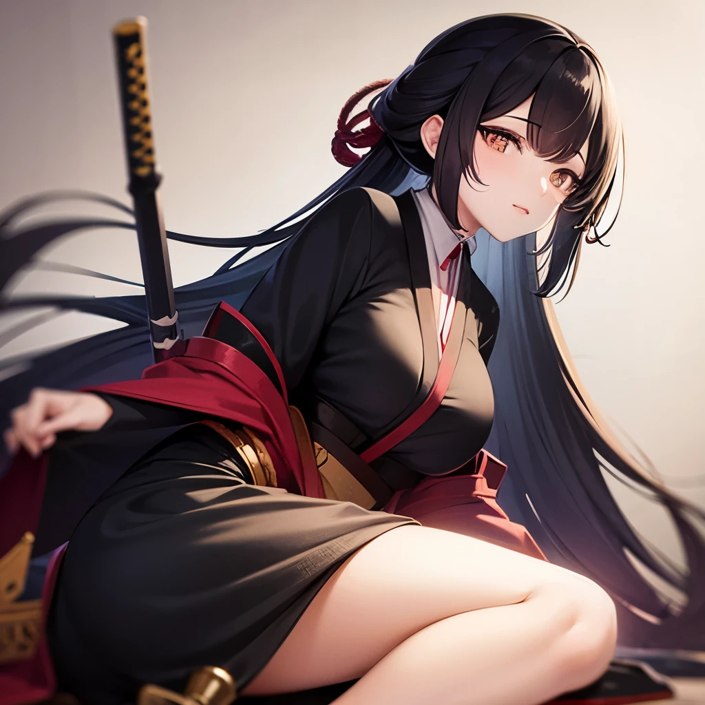 (1 woman:1.2), human, solo, himecut, traditional japanese clothes, yellow eyes, black hair, gnawling, envy, calm, soft smile, onmyoji, katana, nostalgic, nsfw