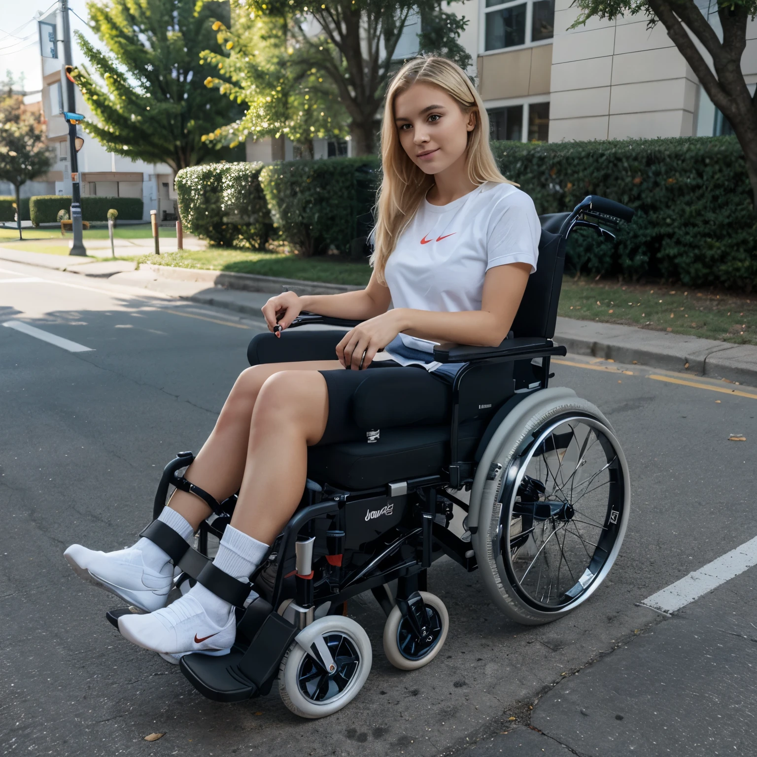 Wheelchair girl, 20s years old, white Nike socks, shoes off, orthosis on joints, blonde hair, medium , belted to the wheelchair,