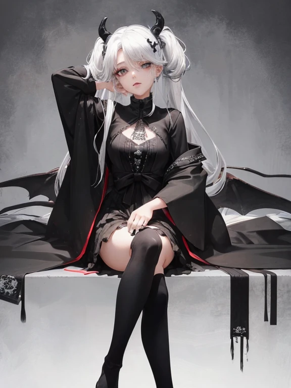 Masterpiece, best quality, high quality, ultra detailed, 1girl, looking at viewer, white hair, gray eyes, black lipstick, black shirt, sitting on a white floor, demon girl, gothcore, 1 7 - year - old, goth girl, japanese gothic, gothic punk style, black metal style, hands on head,.yurikiss、Girl kissing girl、