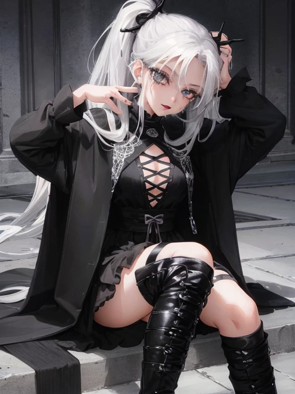 Masterpiece, best quality, high quality, ultra detailed, 1girl, looking at viewer, white hair, gray eyes, black lipstick, black shirt, sitting on a white floor, demon girl, gothcore, 1 7 -  - old,th girl, japanese gothic, gothic punk style, black metal style, hands on head,.yurikiss、Girl kissing girl、