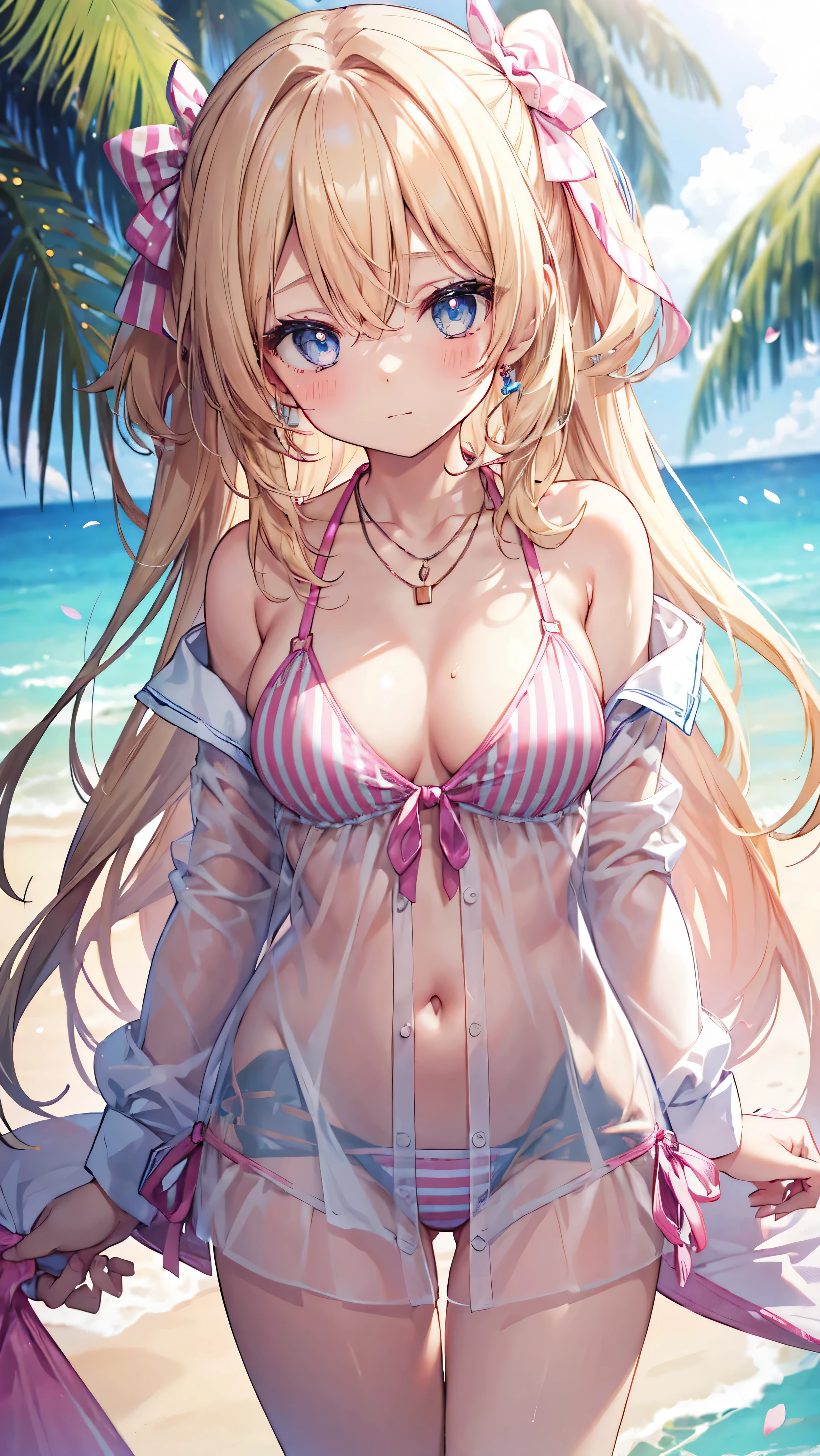 1girl, solo, breasts, blonde hair, long hair, cleavage, shirt, striped, swimsuit, bikini, bow, looking at viewer, hair bow, striped bikini, white shirt, necklace, blue eyes, jewelry, dress shirt, front-tie top, pink bow, bangs, blush, off shoulder, long sleeves, large breasts, collarbone, front-tie bikini top, collared shirt, hand up, closed mouth, open shirt, open clothes, bare shoulders, petals, blurry, leaning forward, halterneck, heart, very long hair, white background, depth of field, pink bikini, hair between eyes, Anime