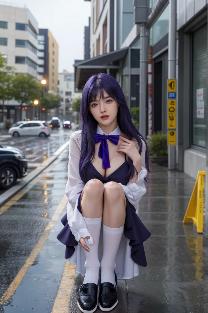 (masterpiece),best quality, frederica bernkastel,dress, tail bow, cat tail, bowtie, purple eyes, purple hair,mary janes, socks, blank eyes, empty eyes, (raining day:1.2), cloud, street, sidewalk, wet clothes, photorealistic, ((16k photography)), detailed face, ((Best Quality, Masterpiece: 1.3)), Sharp Focus: 1.2, A Beautiful Woman with Perfect Figure: 1.4, Slim Abs: 1.2, (Layered Hairstyle,: 1.2)), Rain: 1.3, Street: 1.2, Wet Body: 1.1, Highly Detailed Face and Skin Texture, Detailed Eyes, Double Eyelids, Big Breasts, Smile, irene1, CGI photography hyper realistic