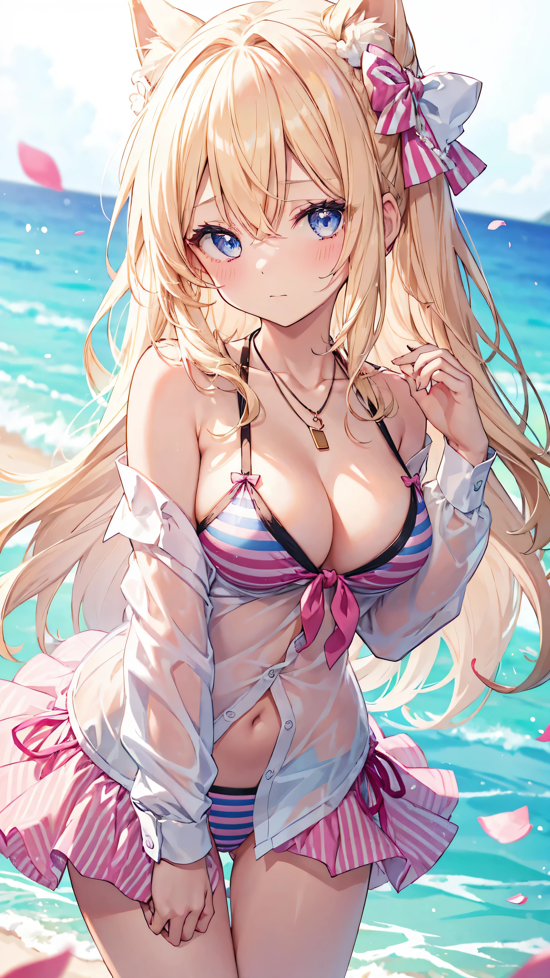 1girl, solo, breasts, blonde hair, long hair, cleavage, shirt, striped, swimsuit, bikini, bow, looking at viewer, hair bow, striped bikini, white shirt, necklace, blue eyes, jewelry, dress shirt, front-tie top, pink bow, bangs, blush, off shoulder, long sleeves, large breasts, collarbone, front-tie bikini top, collared shirt, hand up, closed mouth, open shirt, open clothes, bare shoulders, petals, blurry, leaning forward, halterneck, heart, very long hair, white background, depth of field, pink bikini, hair between eyes, Anime