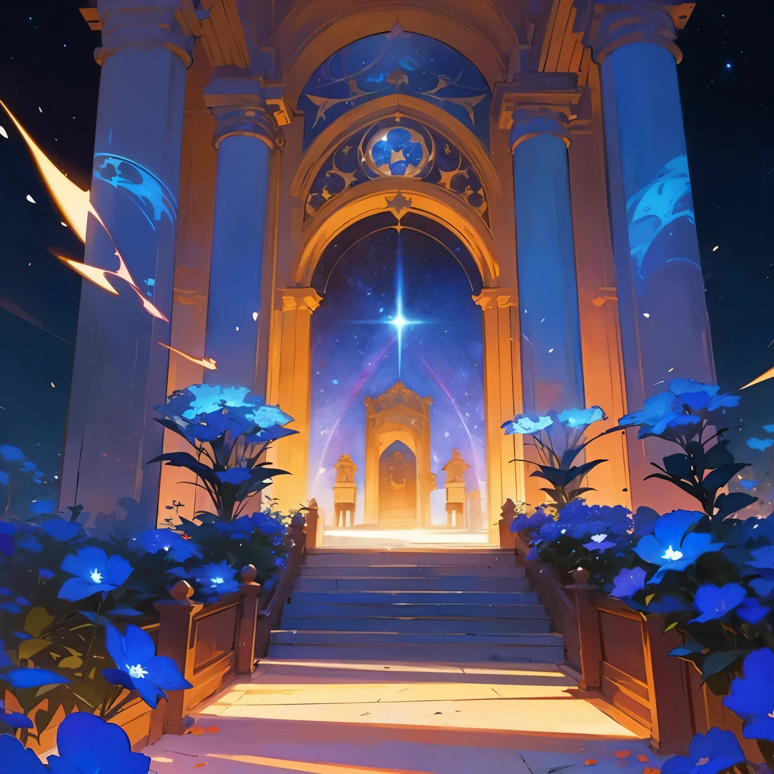 At the front of the scene is the large framed by a captivating garden filled with vibrant red and blue flowers capturing the celestial splendor of the Star Library described in the passage. The scene unfolds with the towering spires of the Star Library reaching towards the star-studded heavens, their celestial architecture intricately detailed and illuminated by the soft glow of distant constellations. The library's grand entrance is adorned with a vibrant garden of pulsating blue and red blooms, emitting an ethereal glow that harmonizes with the cosmos. As viewers delve deeper into the image, they encounter the monumental main entrance, a massive lunar stone door embedded with sparkling gems reflecting starlight. Golden reliefs depicting mythical figures and arcane symbols narrate the universe's ancient tales, inviting viewers to embark on a journey of cosmic discovery. At the front of the scene is the large library, framed by a captivating garden filled with vibrant red and blue flowers.