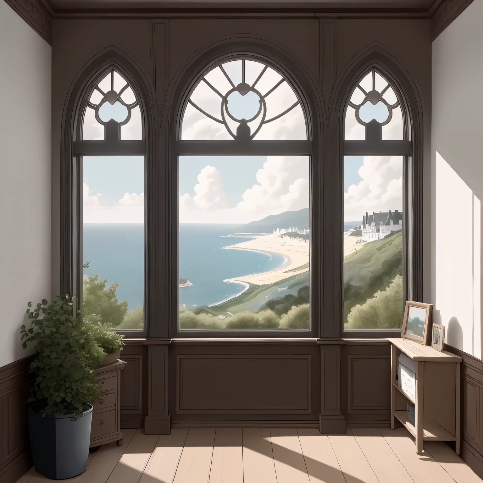 （masterpiece、Super exquisite、Super exquisite、High resolution）），（romantic、𝓡𝓸𝓶𝓪𝓷𝓽𝓲𝓬）,inside the room，Windows，A cloud drifted in from the window，There is sea outside