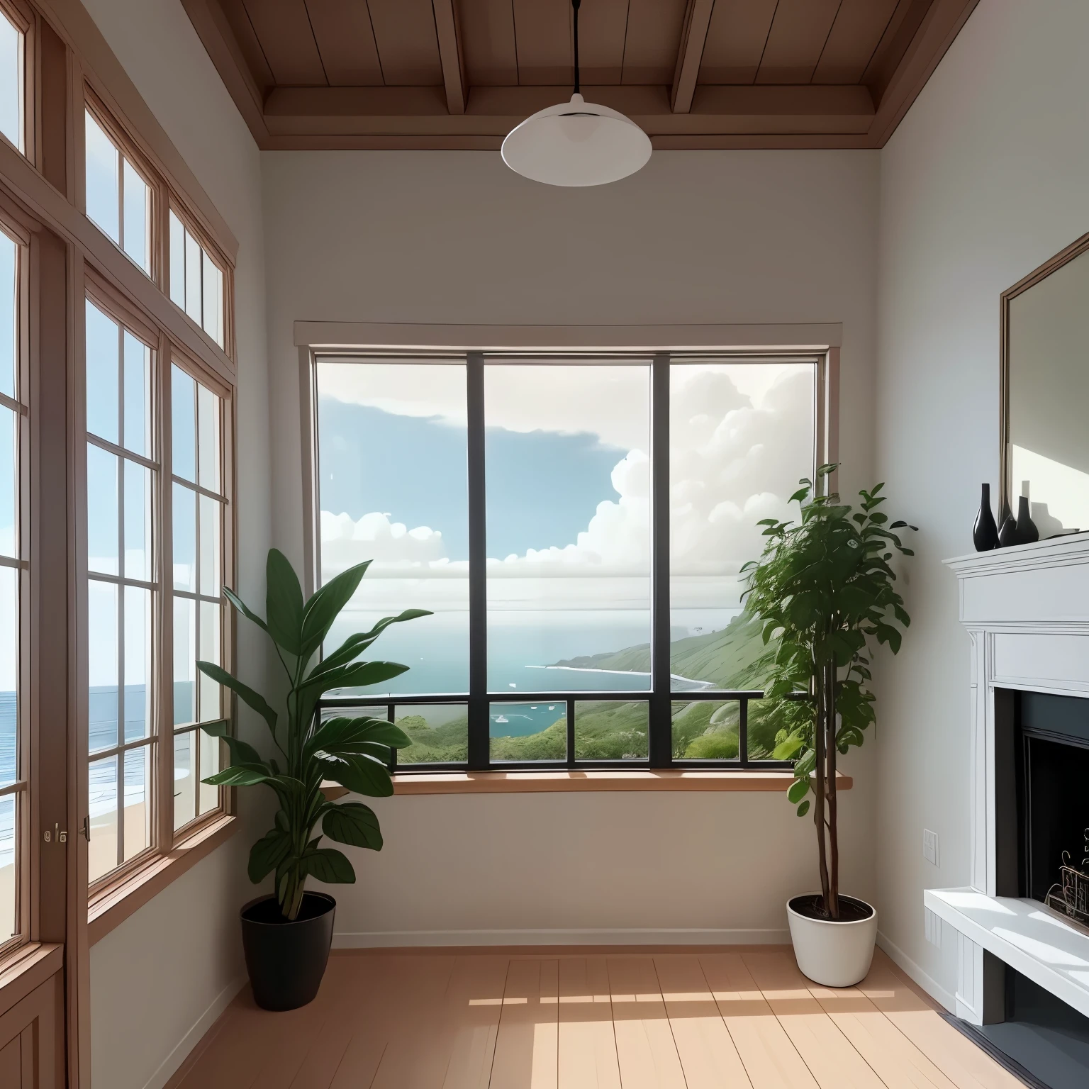 （masterpiece、Super exquisite、Super exquisite、High resolution）），（romantic、𝓡𝓸𝓶𝓪𝓷𝓽𝓲𝓬）,inside the room，Windows，A cloud drifted in from the window，There is sea outside