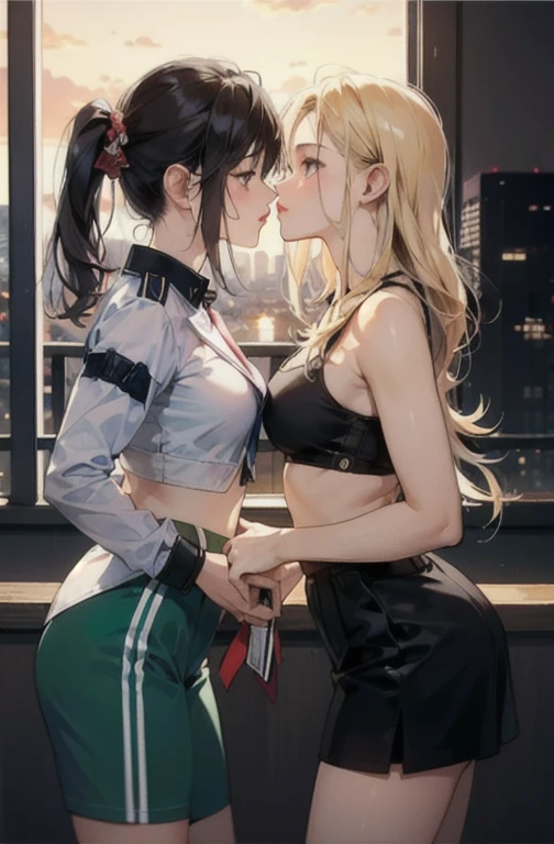 Lesbian (very long loose yellow hair)(big breasts, big thighs)(with  clothes it is very tight) that he is kissing at school with his girlfriend,(big breasts, big thighs)lesbian love