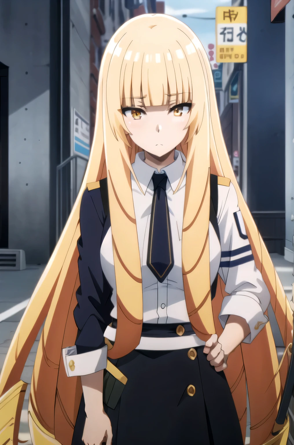 tall body, tall, long legs, mature female, mature, adult, simple background eft_eminence_princess, 1girl, solo, blonde hair, long hair, looking at viewer, yellow eyes, necktie, bangs, blunt bangs, upper body, closed mouth, uniform, dress, shirt, jacket, anime coloring, white shirt, skirt
