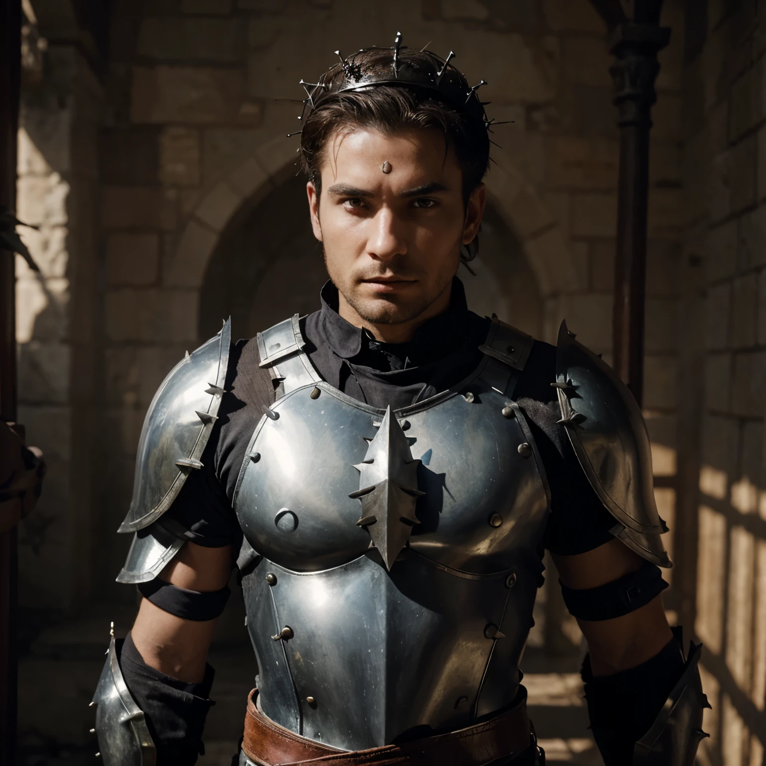 Male warrior in magic armor wearing a crown of thorns