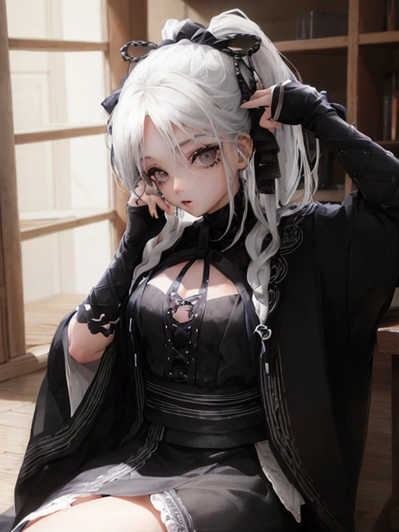 Masterpiece, best quality, high quality, ultra detailed, 1girl, looking at viewer, white hair, gray eyes, black lipstick, black shirt, sitting on a white floor, demon girl, gothcore, 1 7 - year - old, goth girl, japanese gothic, gothic punk style, black metal style, hands on head,.yurikiss、Girl kissing girl、