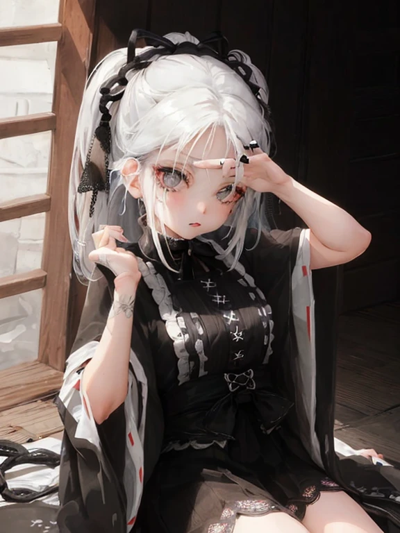 Masterpiece, best quality, high quality, ultra detailed, 1girl, looking at viewer, white hair, gray eyes, black lipstick, black shirt, sitting on a white floor, demon girl, gothcore, 1 7 - year - old, goth girl, japanese gothic, gothic punk style, black metal style, hands on head,.yurikiss、Girl kissing girl、