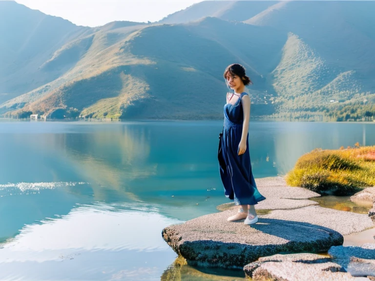 top quality, detail, 8K, 4K, high resolution, detail, beautiful woman, summer clothes, village landscape, lake,