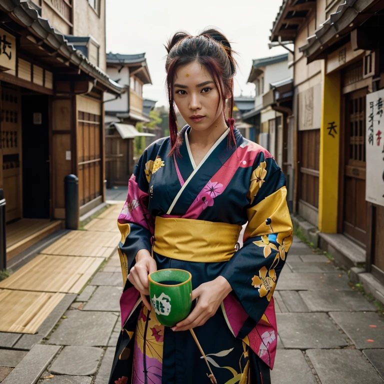 A female warrior in a kimono, without any armor. The artwork is highly detailed, showcasing the intricacies of the clothing and the hair. The background is abstract, with splashes of red, yellow, green, blue, purple, and orange paint that add a dynamic and colorful atmosphere to the composition. The image also has some Asian characters written on the top right corner. They read “ninja” in Japanese. This suggests that the figure might be a ninja, a covert agent