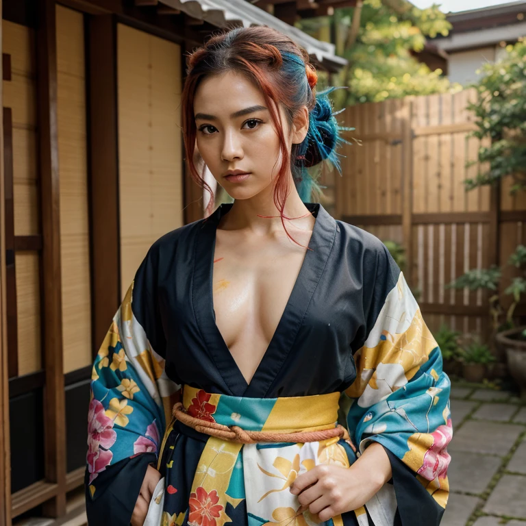 A female warrior in a kimono, without any armor. The artwork is highly detailed, showcasing the intricacies of the clothing and the hair. The background is abstract, with splashes of red, yellow, green, blue, purple, and orange paint that add a dynamic and colorful atmosphere to the composition. The image also has some Asian characters written on the top right corner. They read “ninja” in Japanese. This suggests that the figure might be a ninja, a covert agent