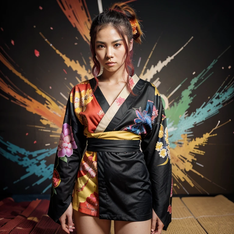 dynamic pose, beautiful female samurai sitting in a dojo and holding a katana, arms up, bare shoulders, tattoos, RAW photo, (masterpiece:1.5), <lora:add-detail-xl:1.5>