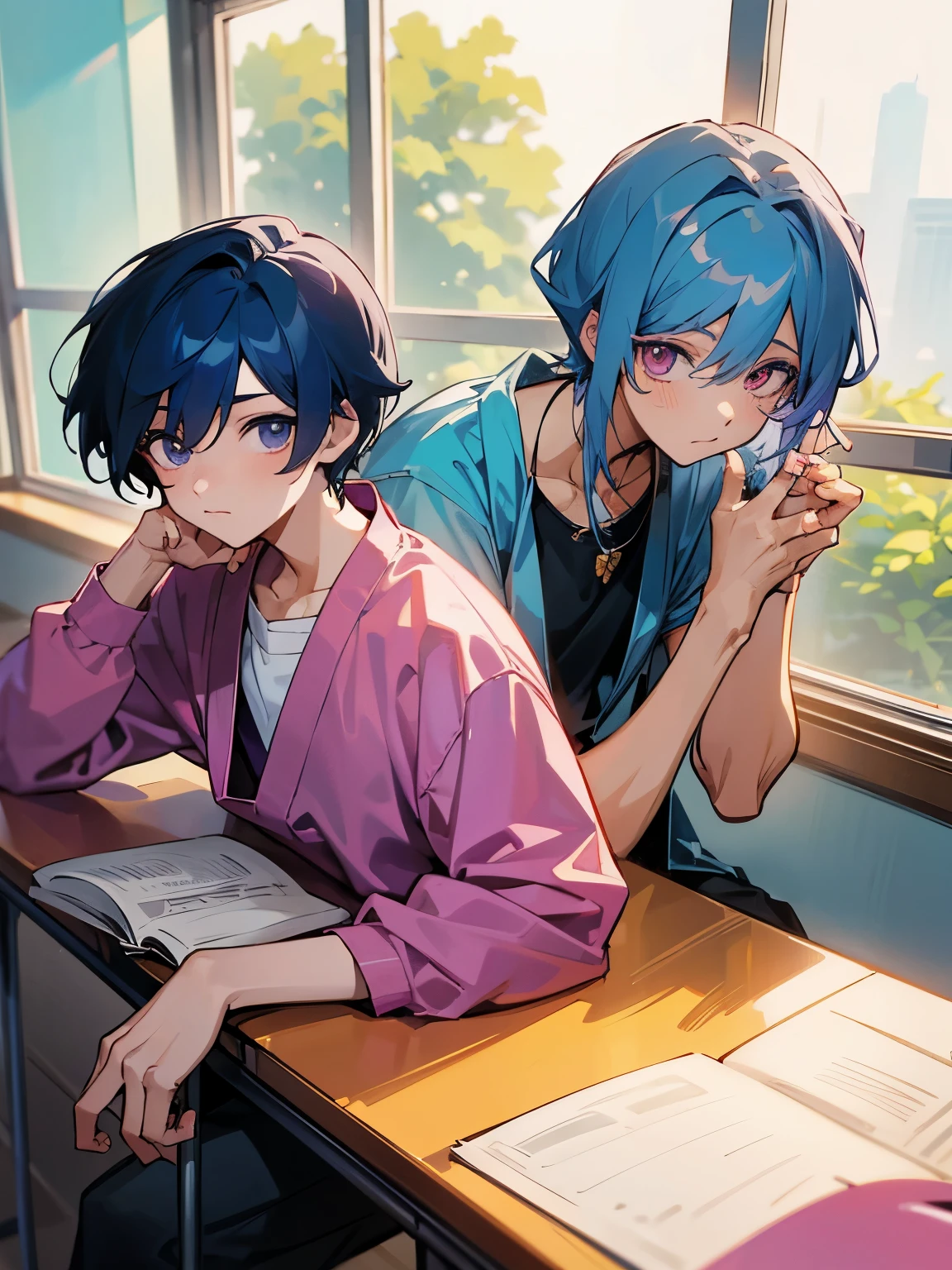 cartoon of two boys sitting at a table with a book and a backpack, ddlc, in the art style of 8 0 s anime, 9 0 s anime style, 90s anime style, in anime style, in an anime style, anime aesthetic, anime vibes, 9 0 s anime aesthetic, 9 0 s anime art style, lofi boy, typical anime classroom, beautiful background window, two cute boys, beautiful faces, two boys, don't extra hands, NO extra hands, generate two boys with NO extra hands, NO extra arm