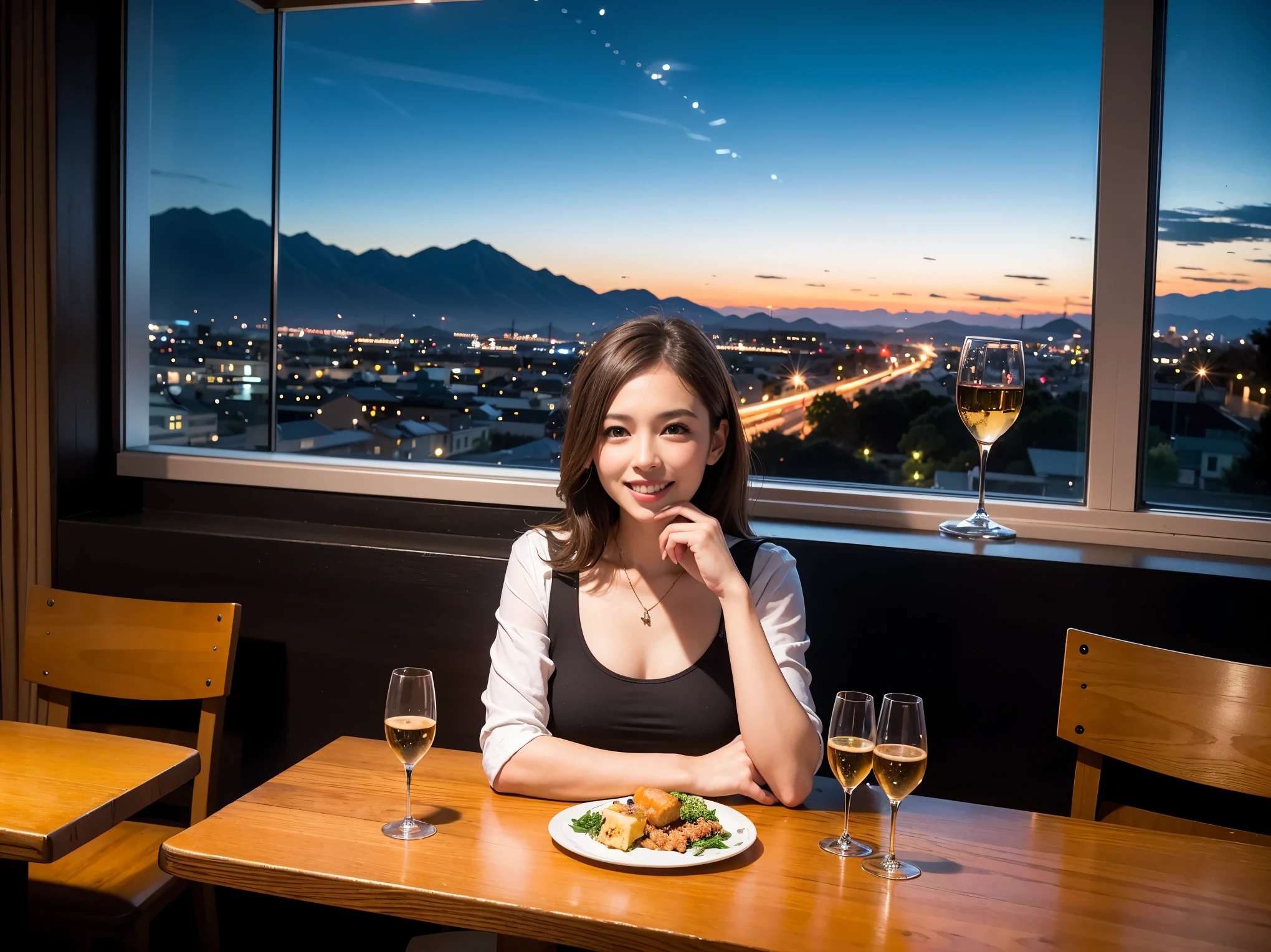 (K UHD, nffsw, highest quality, table top: 1.2), (realistic, realistic: 1.37), Spectacular view of the sunset sky and clouds、Amazing mountain views、ニコニコ明るいsmile、smileの素敵な女性、that woman'bright face、Fox face、lady、wine 、Appetizer、two beauties、brown hair、shortcut、long sleeve shirt、winter fashion、dress、Japanese、Englishman、Dutch、German、Belgian、Italian、French,wineボトル、Appetizer、Champagne、スパークリングwine、Pretty Woman 1, (slimな顔), (because I'thin), (brown hair), (shortcut), cheeks turn a little red, (40 years old), 38 years old, charming beauty、, A beautiful and detailed night view spreads out outside the window..........., restaurant, wineグラスに座って, At night, in a prominent place (from the waist up) nova frog style, actress, model, Upper body, 白wine, slim, wineグラス, Very beautiful night view, 真ん中に置かれたwineグラス, smile, (smile: 1.15), Beautiful little eyes,