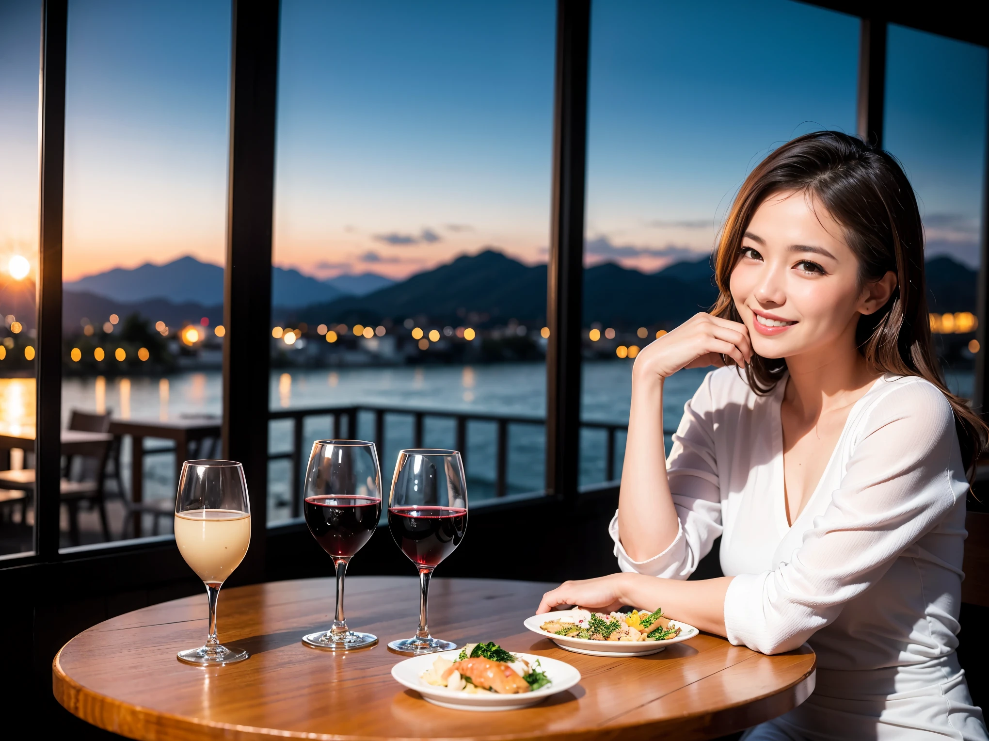 (K UHD, nffsw, highest quality, table top: 1.2), (realistic, realistic: 1.37), Spectacular view of the sunset sky and clouds、Amazing mountain views、ニコニコ明るいsmile、smileの素敵な女性、that woman'bright face、Fox face、lady、wine 、Appetizer、two beauties、brown hair、shortcut、long sleeve shirt、winter fashion、dress、Japanese、Englishman、Dutch、German、Belgian、Italian、French,wineボトル、Appetizer、Champagne、スパークリングwine、Pretty Woman 1, (slimな顔), (because I'thin), (brown hair), (shortcut), cheeks turn a little red, (40 years old), 38 years old, charming beauty、, A beautiful and detailed night view spreads out outside the window..........., restaurant, wineグラスに座って, At night, in a prominent place (from the waist up) nova frog style, actress, model, Upper body, 白wine, slim, wineグラス, Very beautiful night view, 真ん中に置かれたwineグラス, smile, (smile: 1.15), Beautiful little eyes,