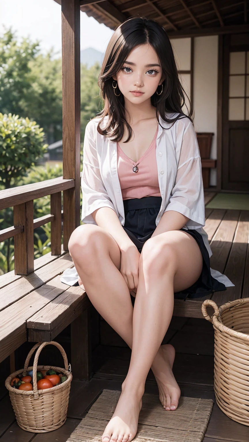 cute woman、cute face、cute smile、 、full body shot、80mm、well-shaped chest、lazy smile、japanese kimono、Miko costume、shrine、torii、cherry blossoms、slim body、beautiful and slim legs、Nipple glimpse、sit on the bench、spreading my legs、