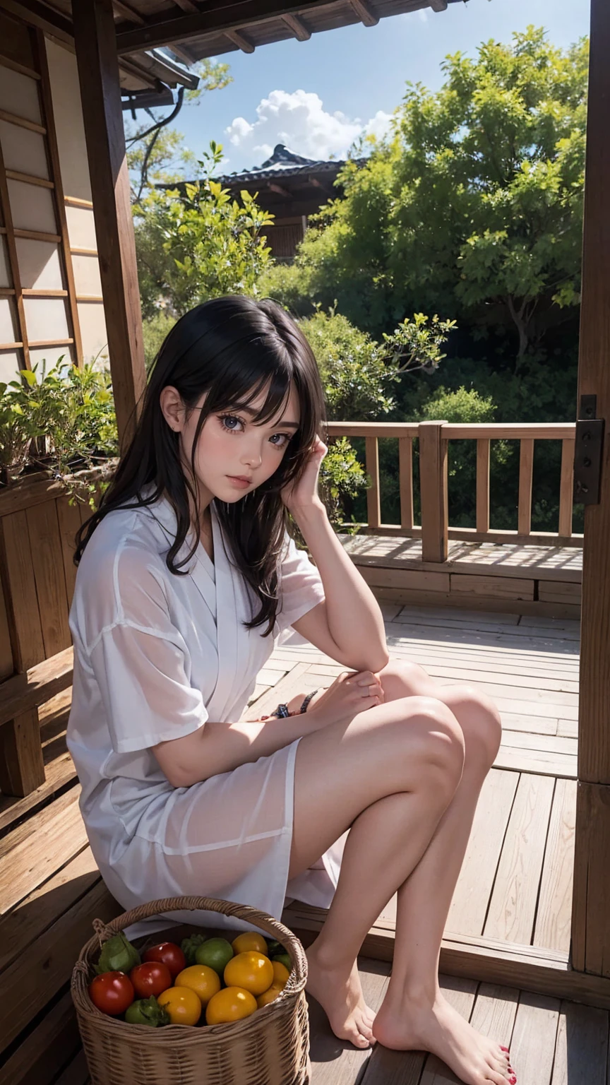 ((最high quality, 8K, masterpiece: 1.3, Ultra HD, high quality, 最high quality, High resolution, realism)) 、A stunningly beautiful 22-year-old Japanese woman、hair color is black、black eye、medium hair、straight hair、smile、Slender but well-proportioned muscular body、Athlete-like body type、I don&#39;t want my head to disappear from the screen.、Wearing accessories on your wrist、Wearing red nail polish、I have a peticure、Sitting on the veranda of a Japanese house in the Japanese countryside、It&#39;s summer、A wind chime is hung in front of the eaves.、barefoot、There is a basket full of tomatoes and carrots on the veranda.、The basket is made of woven bamboo strips、A courtyard spreads out in front of the verandah.、There is a well with a hand pump in the courtyard.、wear a yukata