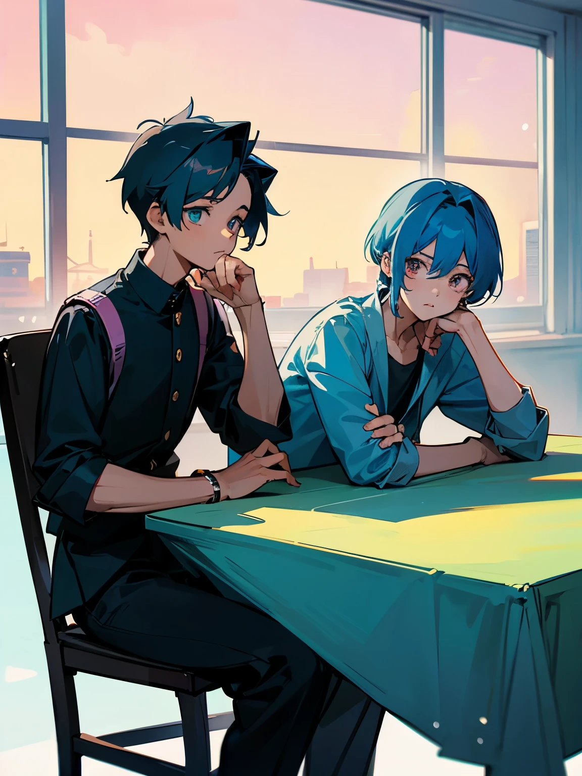 cartoon of two boys sitting at a table with a book and a backpack, ddlc, in the art style of 8 0 s anime, 9 0 s anime style, 90s anime style, in anime style, in an anime style, anime aesthetic, anime vibes, 9 0 s anime aesthetic, 9 0 s anime art style, lofi boy, typical anime classroom, beautiful background window, two cute boys, beautiful faces, two boys, don't extra hands, NO extra hands, generate two boys with NO extra hands, NO extra arm