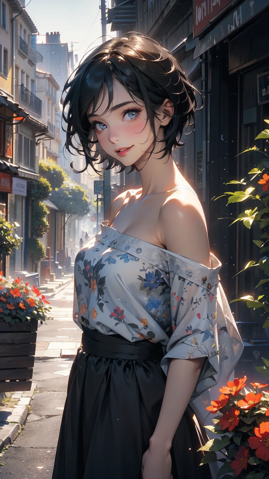 (Highly detailed CG unit 8k wallpaper, masterpiece, High resolution, highest quality, natural skin texture), Composition from head to stomach:1.5, (20 year old woman, smile, detailed eyes, gradient eyes, Ash gray asymmetrical short hair:1.5), (Stalgic and inorganic fashion, off shoulder), (Backstreets of Paris:1.3, Colourful flower beds along the road, cinematic lighting), high contrast, hyper realistic, digital painting, concept art,