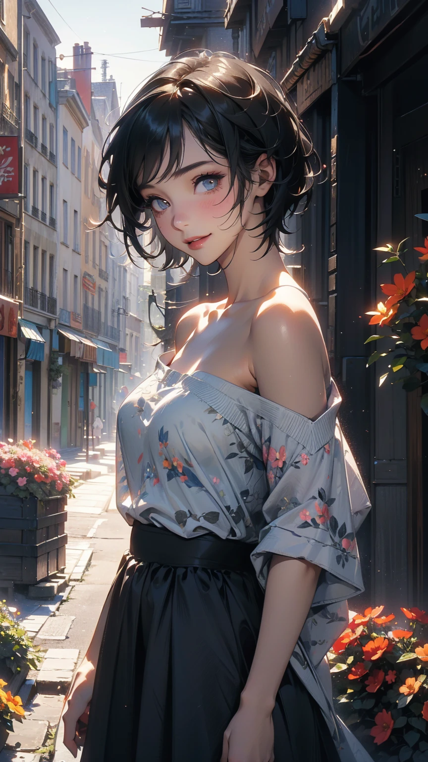 (Highly detailed CG unit 8k wallpaper, masterpiece, High resolution, highest quality, natural skin texture), Composition from head to stomach:1.5, (20 year old woman, smile, detailed eyes, gradient eyes, Ash gray asymmetrical short hair:1.5), (Stalgic and inorganic fashion, off shoulder), (Backstreets of Paris:1.3, Colourful flower beds along the road, cinematic lighting), high contrast, hyper realistic, digital painting, concept art,