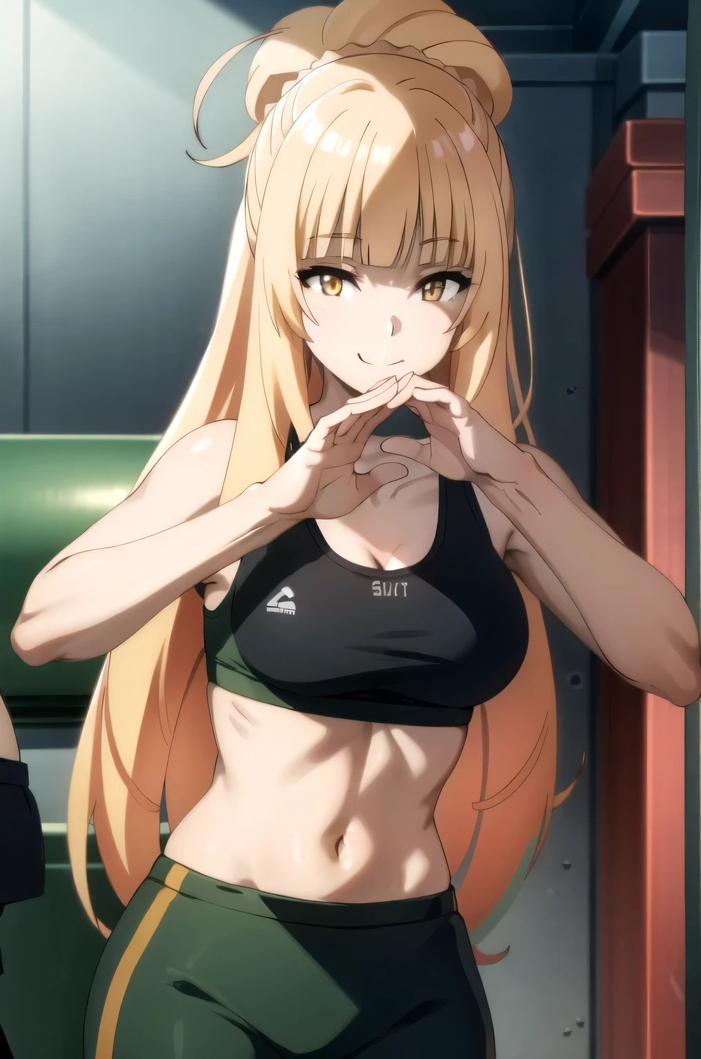 1girl, solo,yellow eyes, blonde hair, long hair,masterpiece, best quality, photorealistic, yujiasuit, yoga sports bra, yoga pants, 1girl, solo, , yoga ball, pants, looking at viewer, smile, green sports bra, simple background, , midriff, long hair, breasts, green pants, sportswear, tank top, upper body,