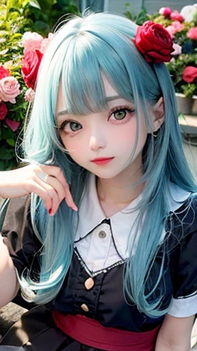 幼いgirl、small face、 (alone:1.5,)Super detailed,明るいcolor, very beautiful detailed anime face and eyes, look straight,eye shadow、  shiny_skin,girl, (((半分の髪の毛は白color、半分は白colorの髪: 1.5))),、shiny hair, delicate beautiful face, blush、銀colorの眼鏡、(turquoise eyes), , Valletta, red earrings、茶colorタートルネック、checked skirt、flower garden、surrounded by flowers、sit、smile、happy face、face dyed red、color々pose、Head to toe full body portrait、（I can see the whole body）、show your butt