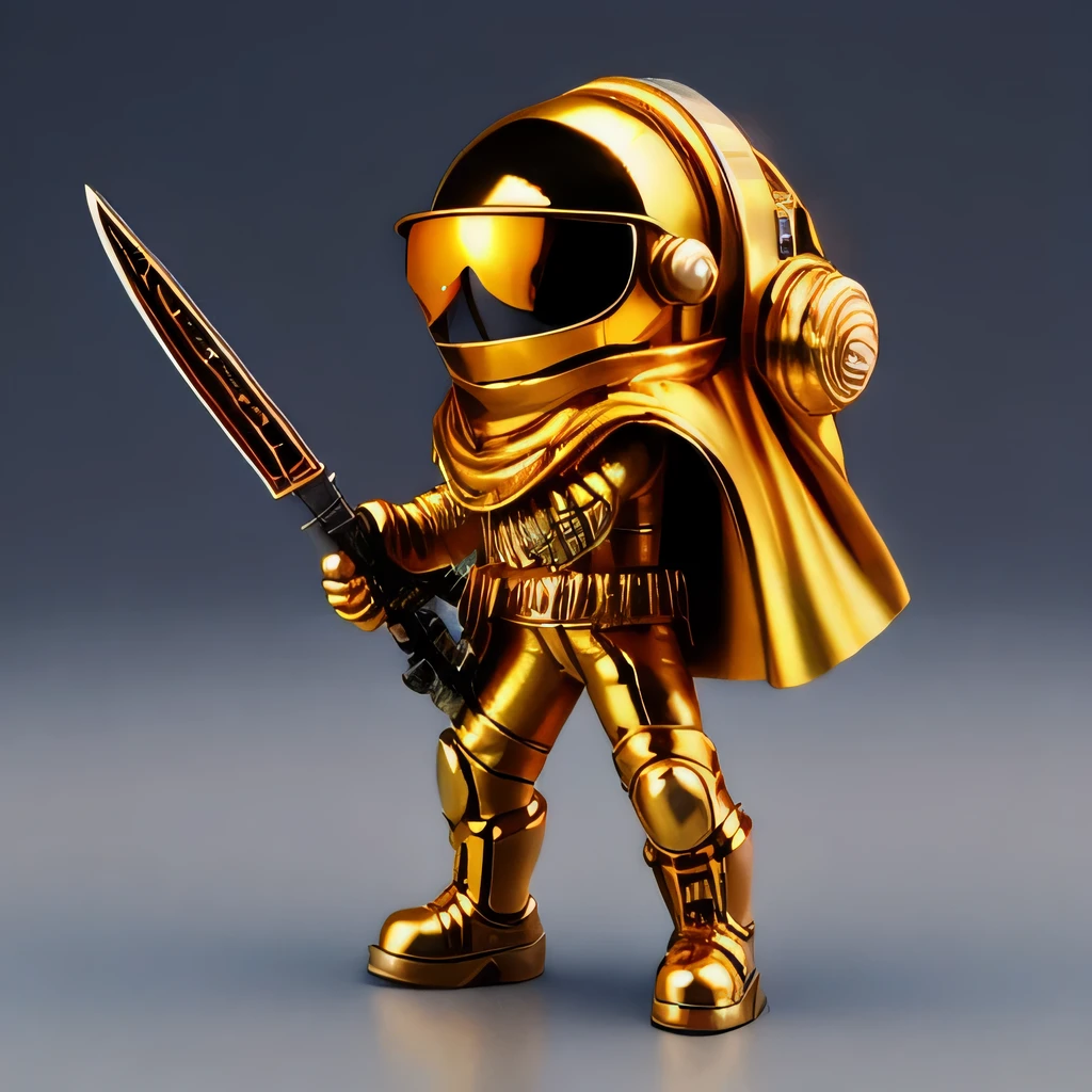 Brilliant Gold Diamond Maya Star，Copper weapons, Burlap Cape Mummy Hood Platinum Silk Cyberpunk Light Crossbow Space Station 1:90 miniatures, illustration, side view, (side view), Wear gold-rimmed reflective sunglasses, Carrying future weapons, very happy, side view, whole body, 3d, (Clay paint) octane rendering, perfect appearance, collagen（（（Isometric art）））